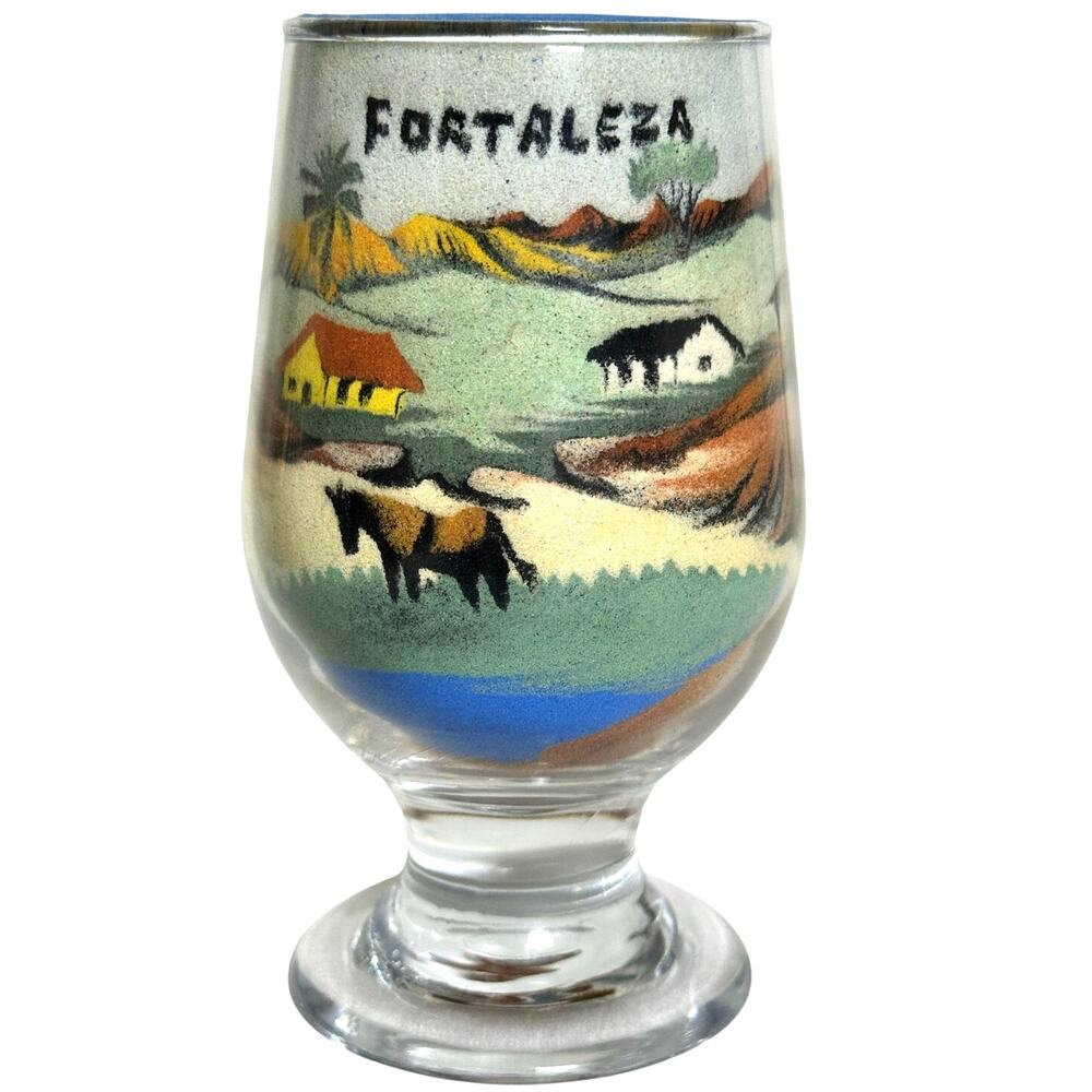 Brazilian Fortaleza Vintage Sand Art in Glass Coastal Village Scene at Sunset